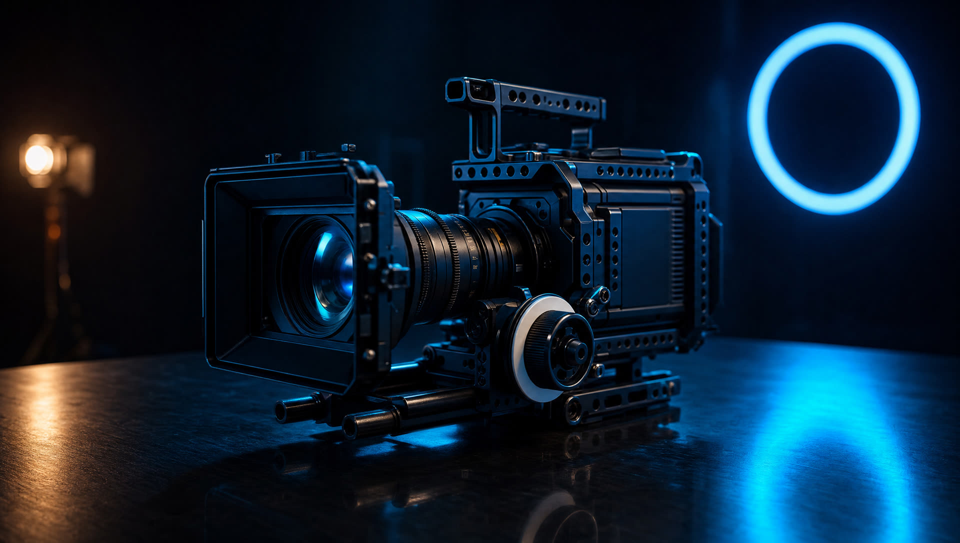 Cinema camera rig on a dark studio desk
