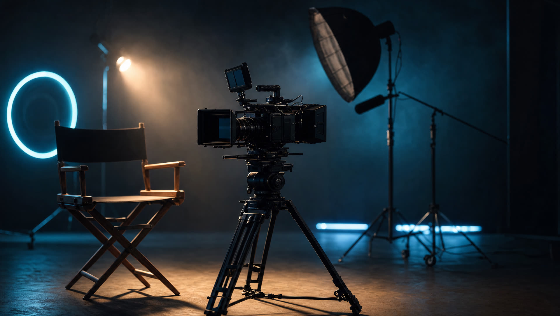 Full studio set with camera, lighting, and director's chair
